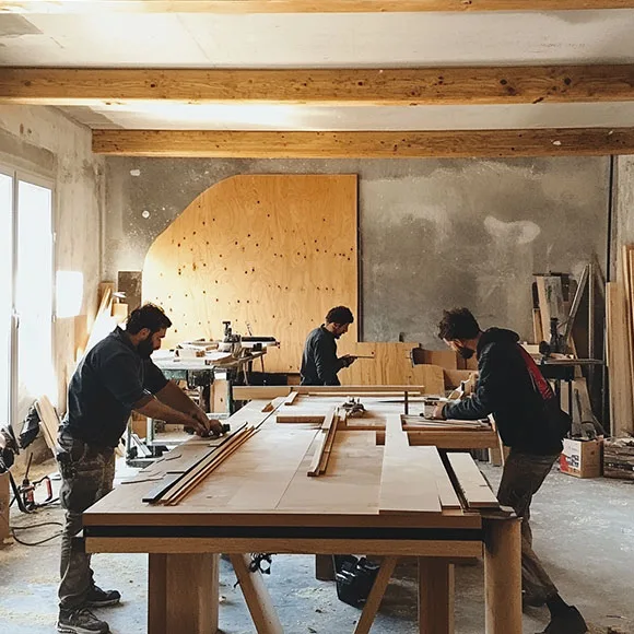 Tres personas del equipo trabajando en una mesa del taller