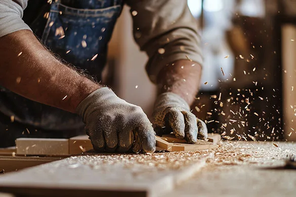 Manos con guantes lijando una pieza de madera